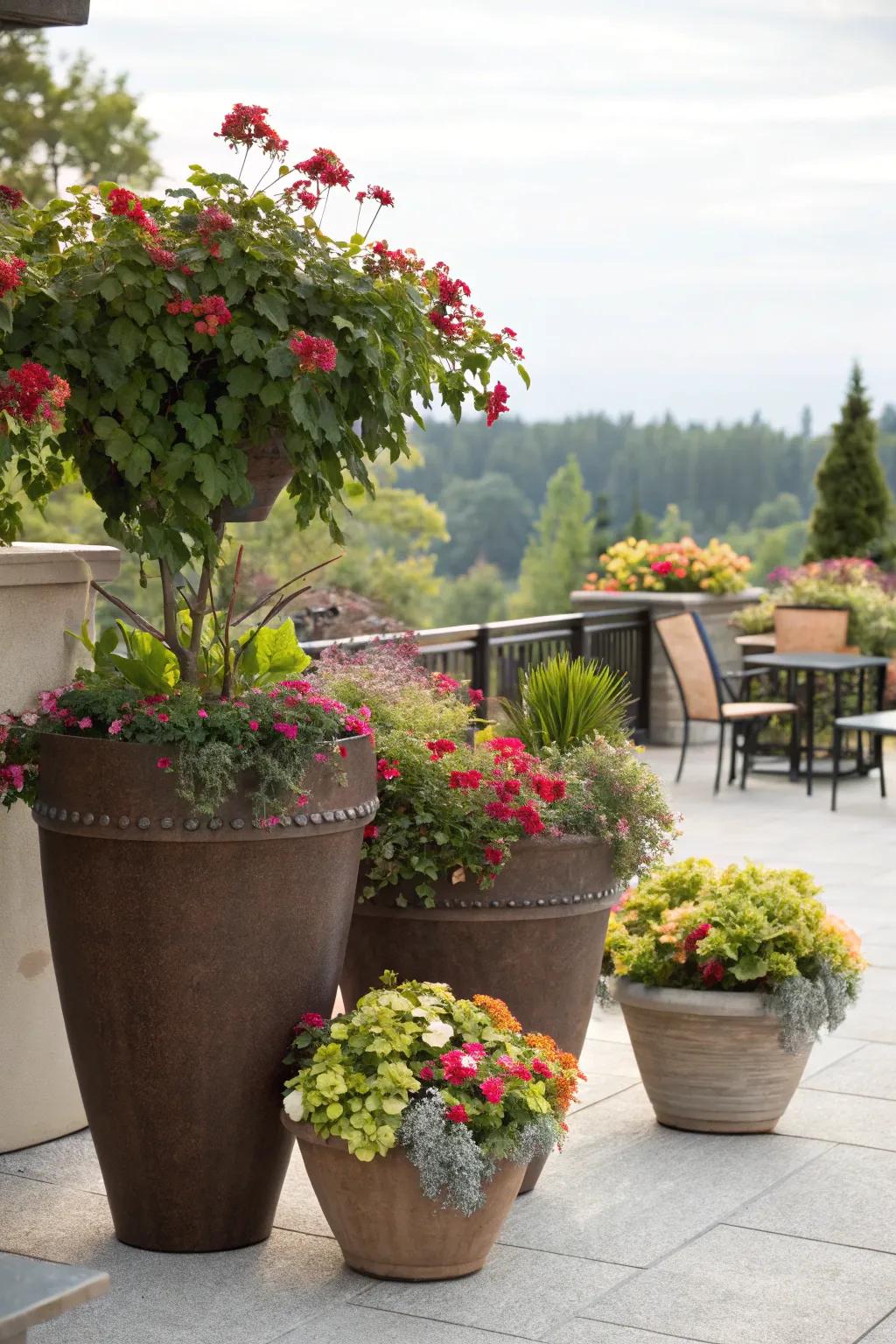 Create visual interest with flower pots of different heights.