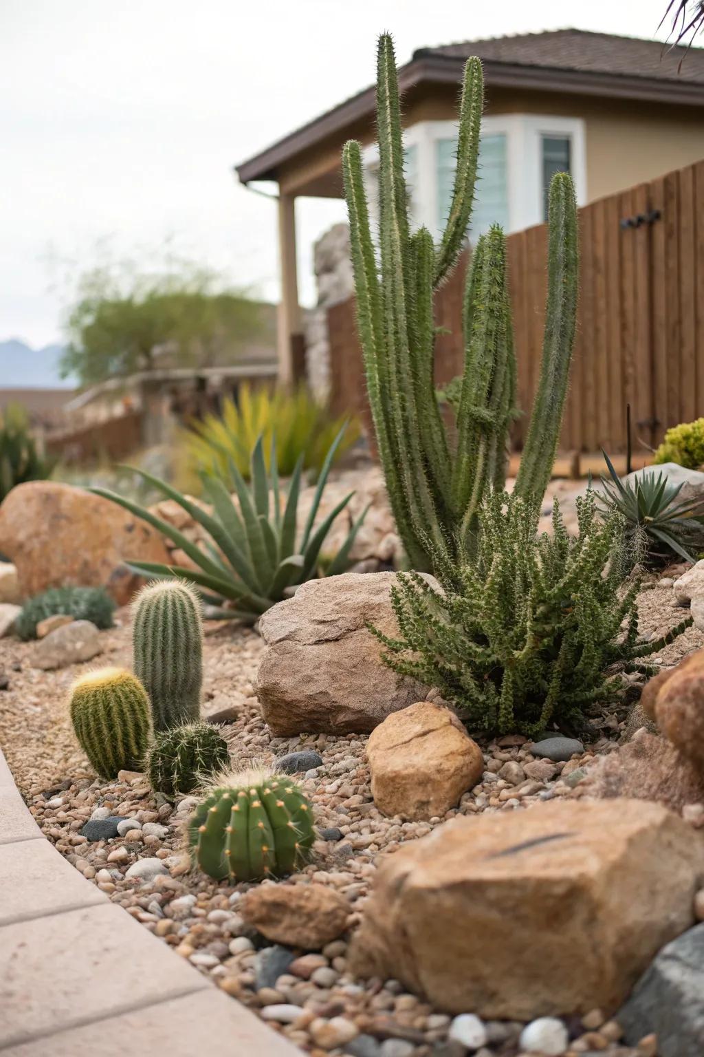 Desert landscaping with cacti and succulents in a Las Vegas backyard.