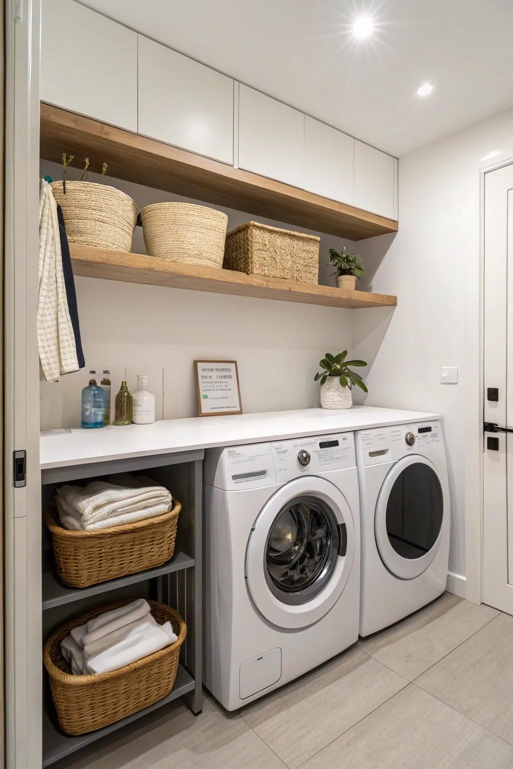 Elevated countertops foster an open, spacious ambiance in laundry rooms.