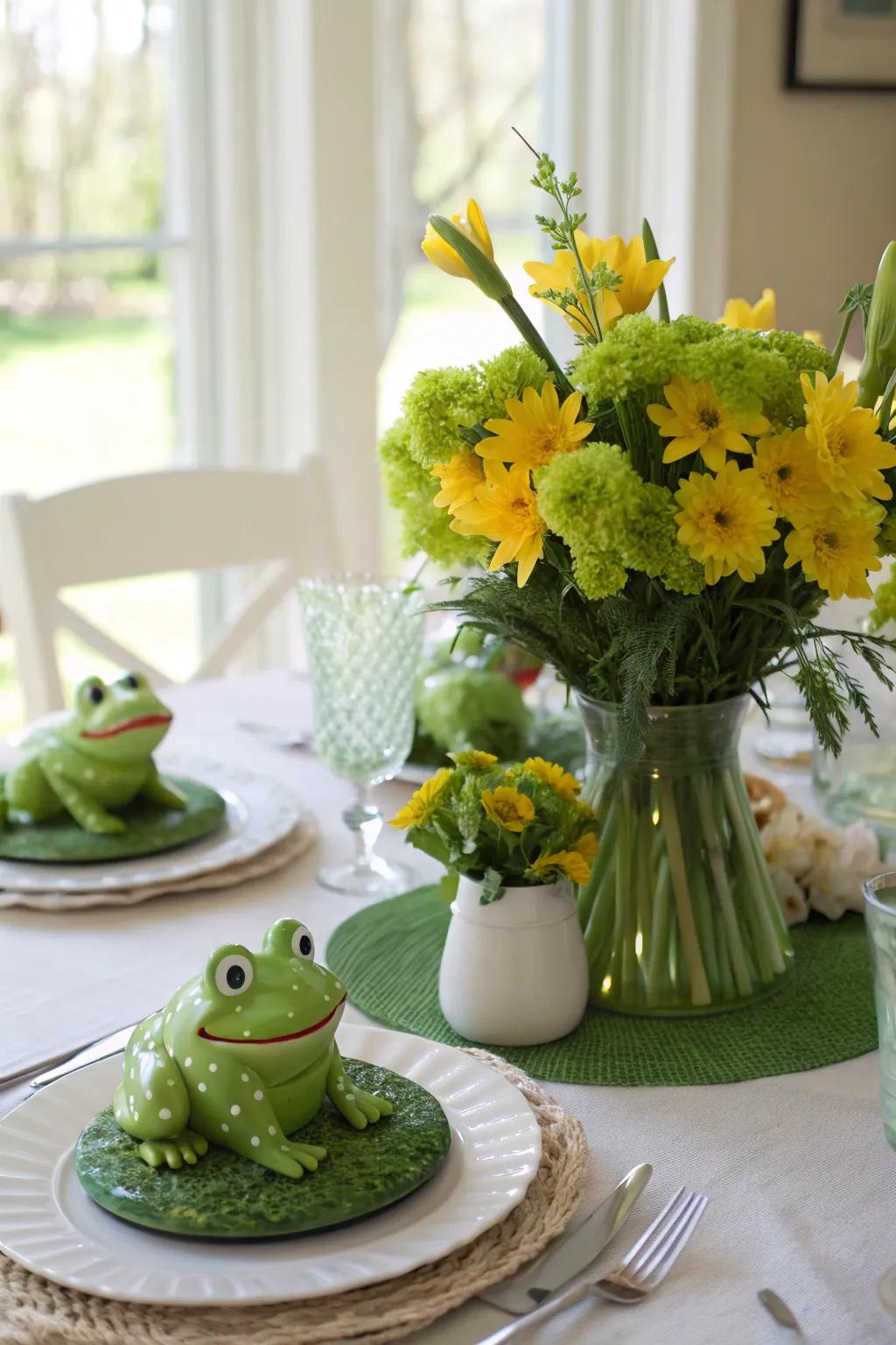 Frog-themed centerpieces bring a playful element to your Leap Year dining experience.