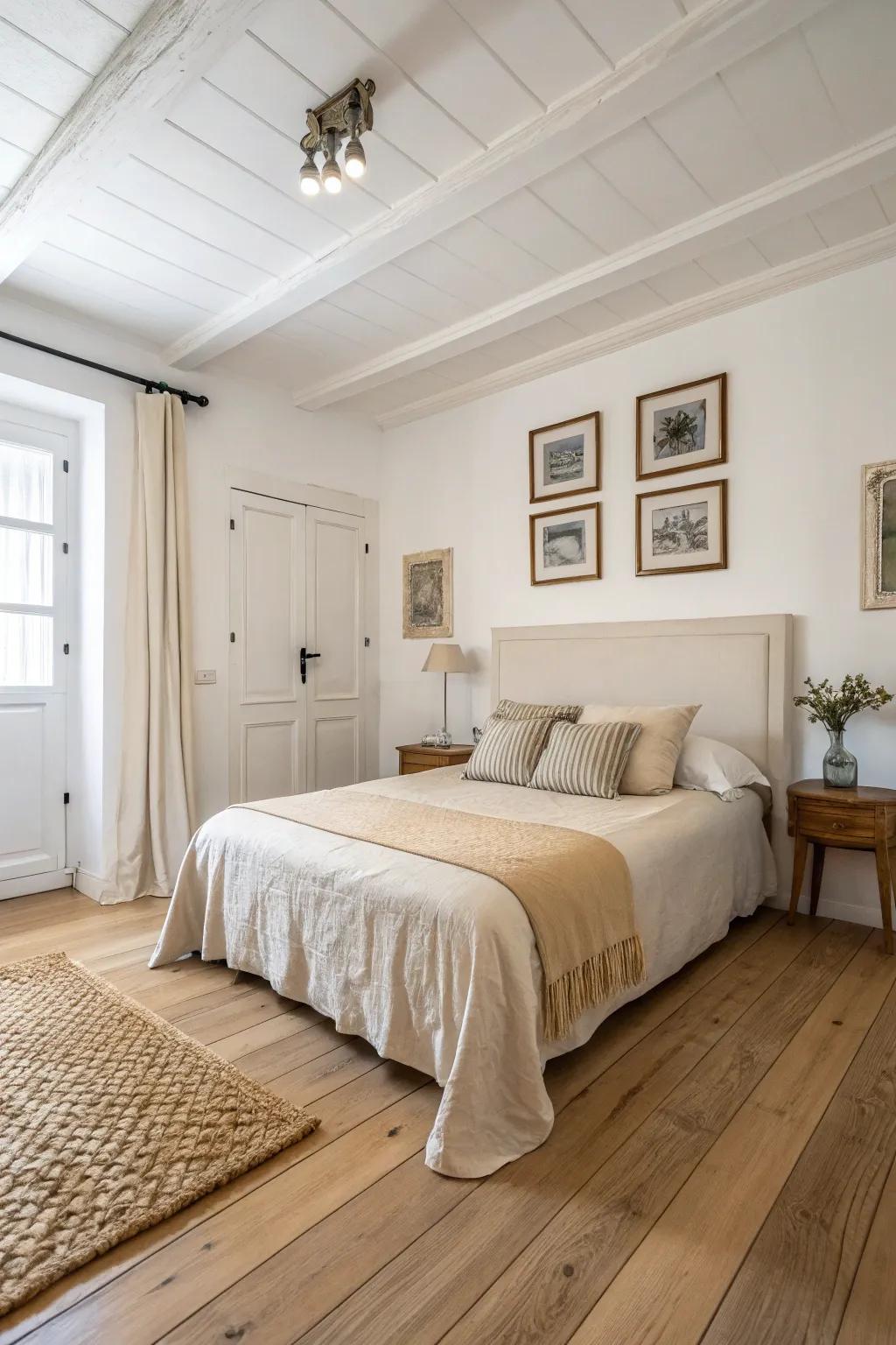 Neutral shades enhancing pale wood flooring for a peaceful atmosphere.