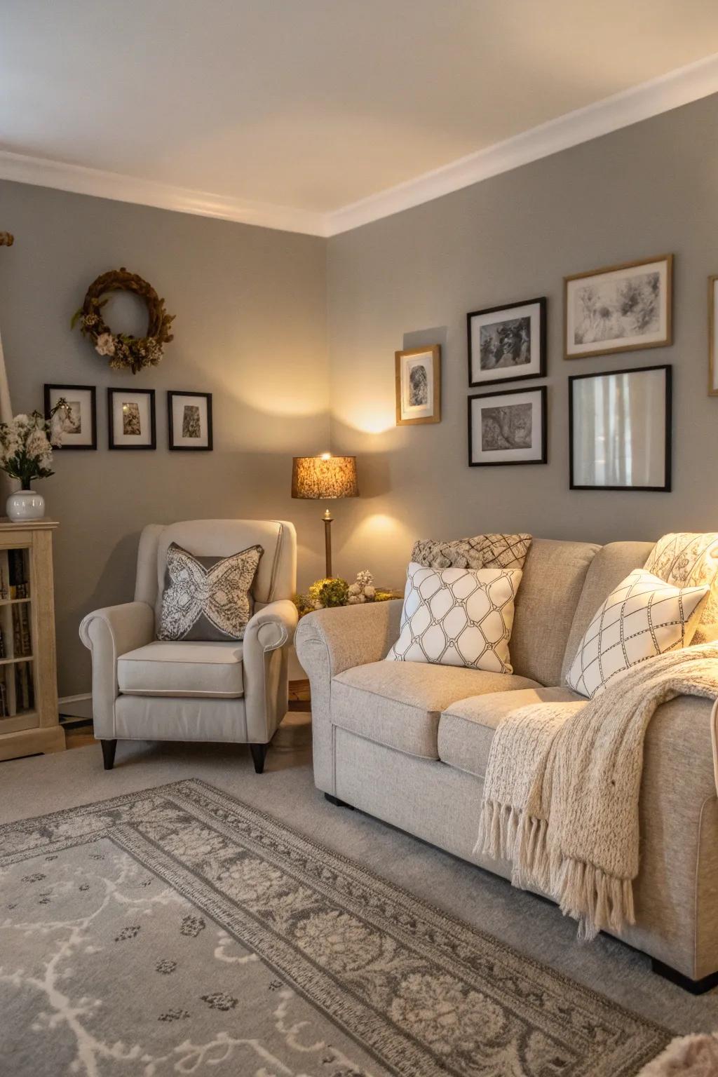 Neutral tones provide a serene and adaptable living room environment.