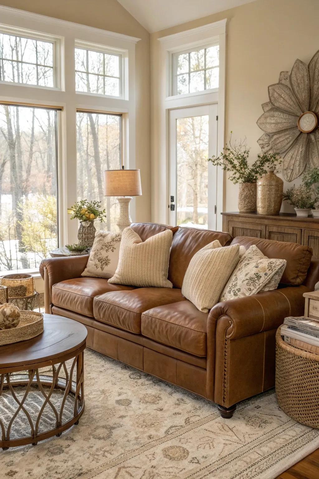 Neutral tones complement the brown leather sofa beautifully.