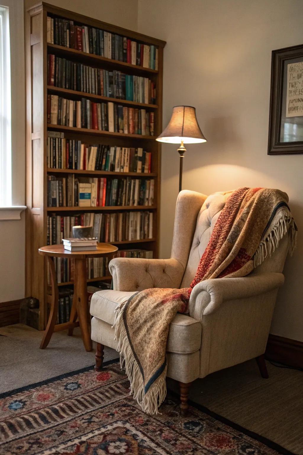 A cozy reading nook perfect for book lovers to relax and unwind.