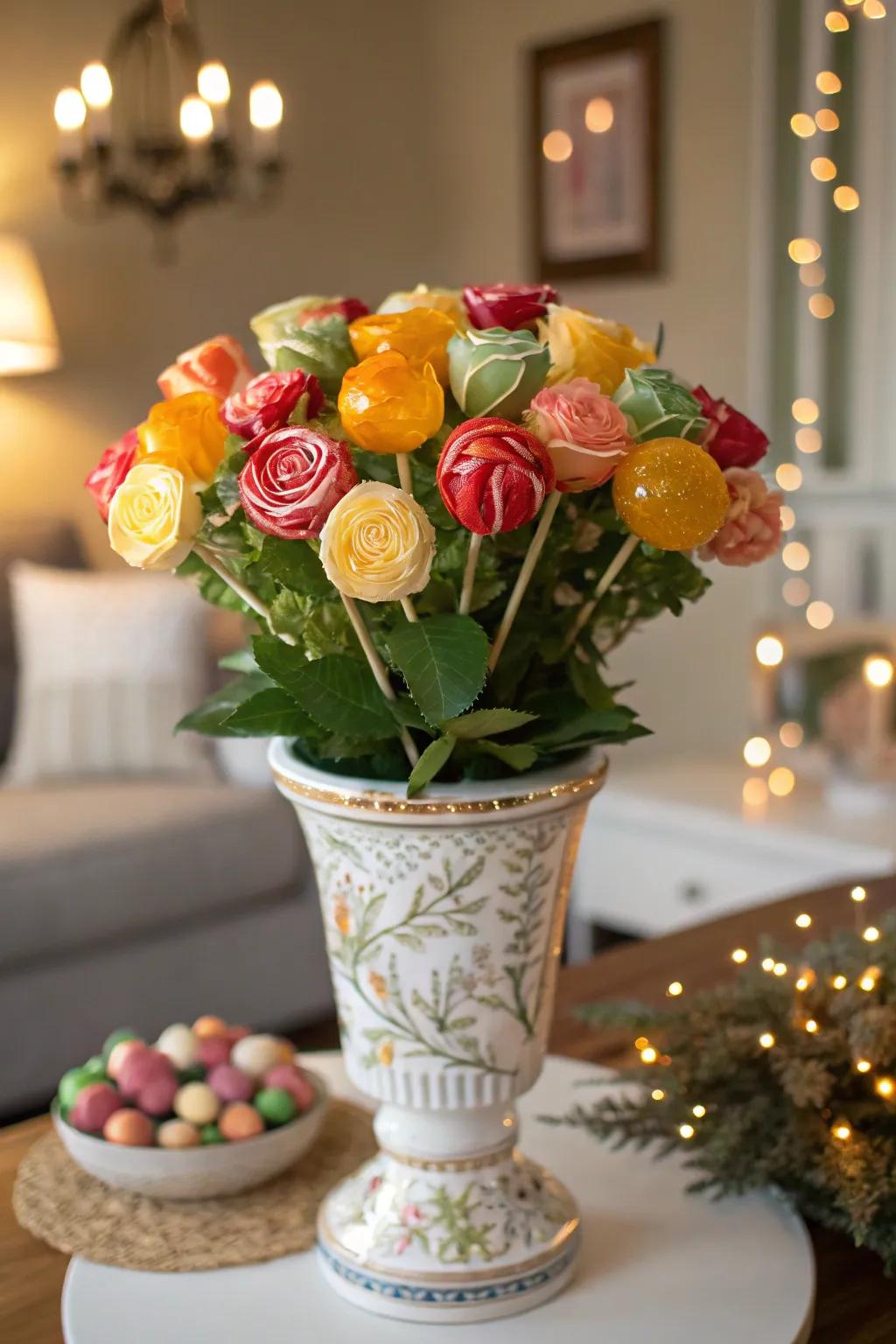 A classic floral-style sweet treat posy in vibrant colors
