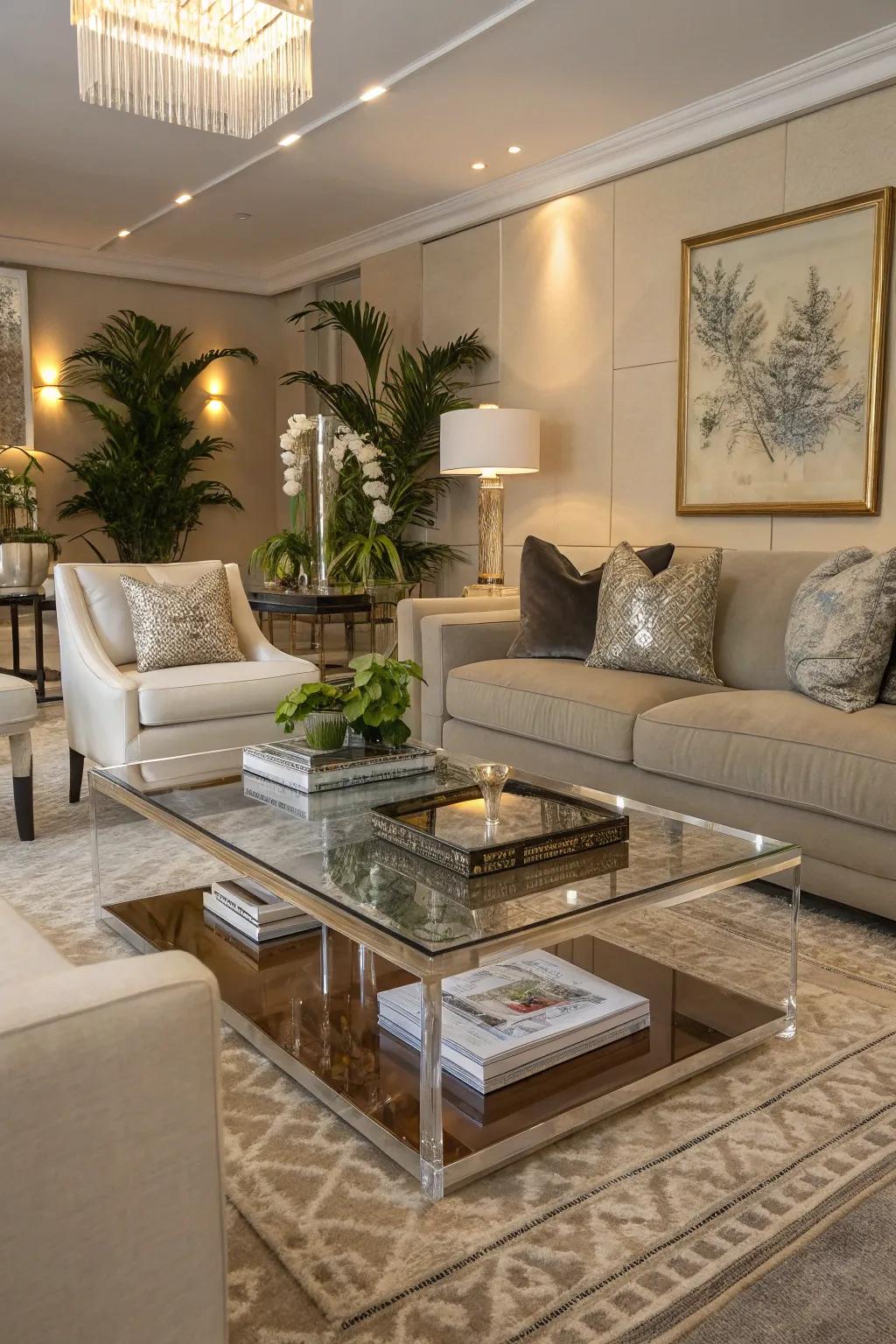 A chic lucite coffee table complements any living room style.