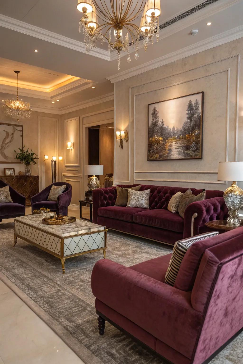 Velvet sofas and armchairs bring opulence to this living room.