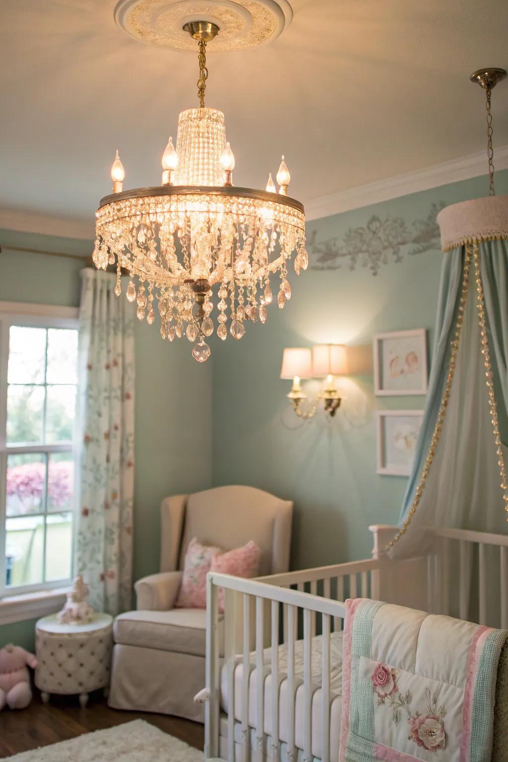 A nursery illuminated by a stunning crystal chandelier, adding a touch of opulence.