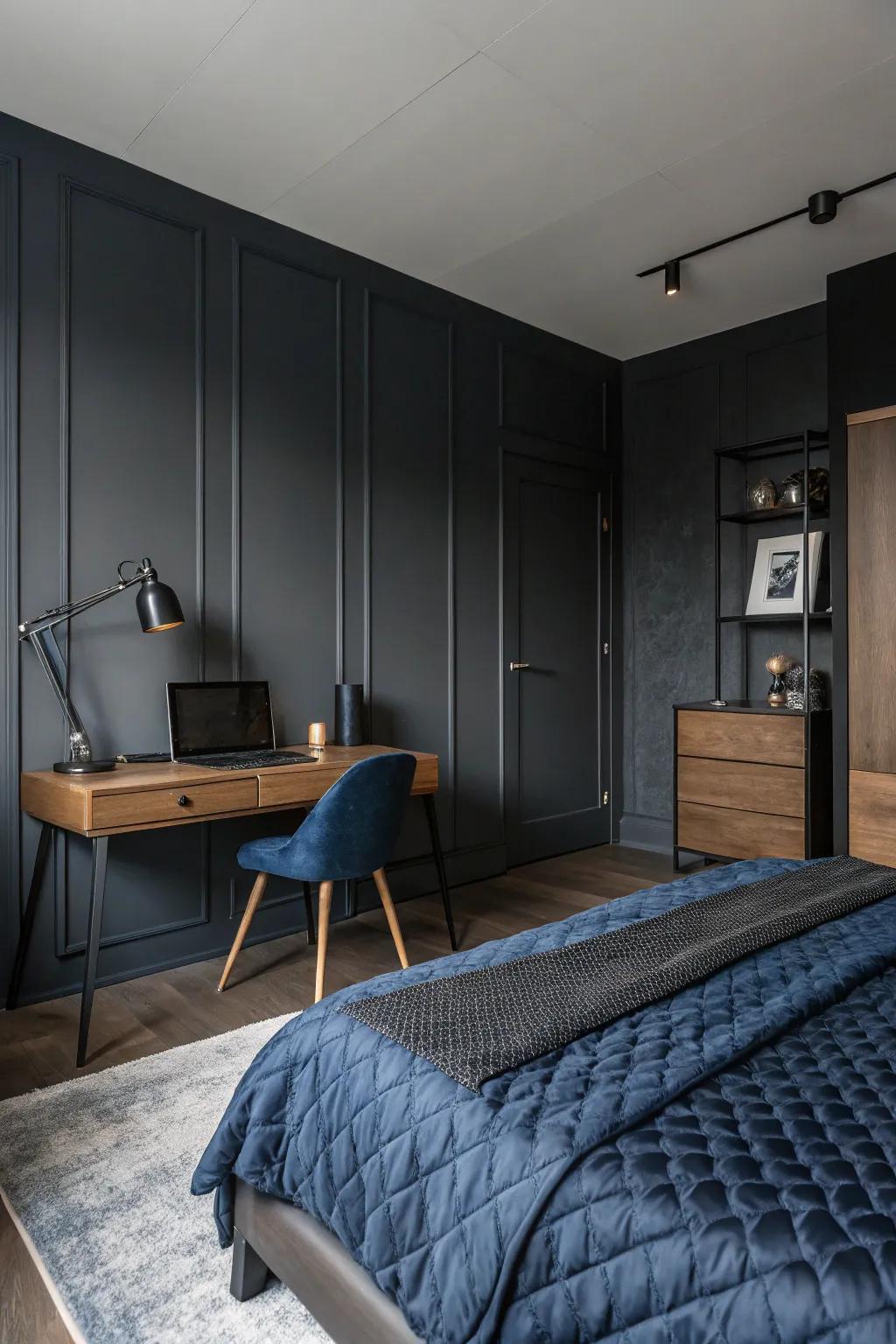 Dark tones create a bold and calming atmosphere perfect for relaxation.