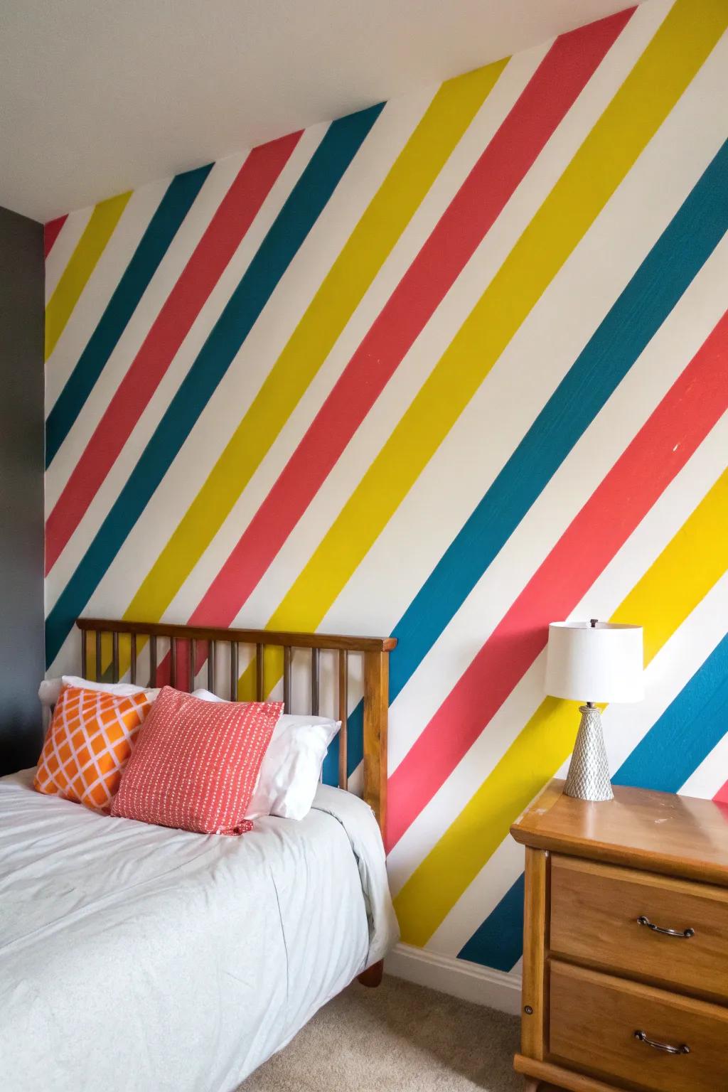 Dynamic diagonal stripes bring energy to this bedroom