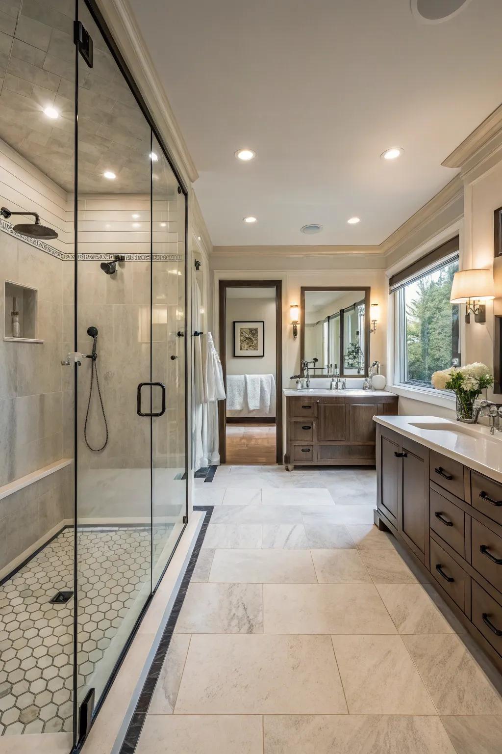 A roomy walk-in shower designed to maximize luxury and relaxation.