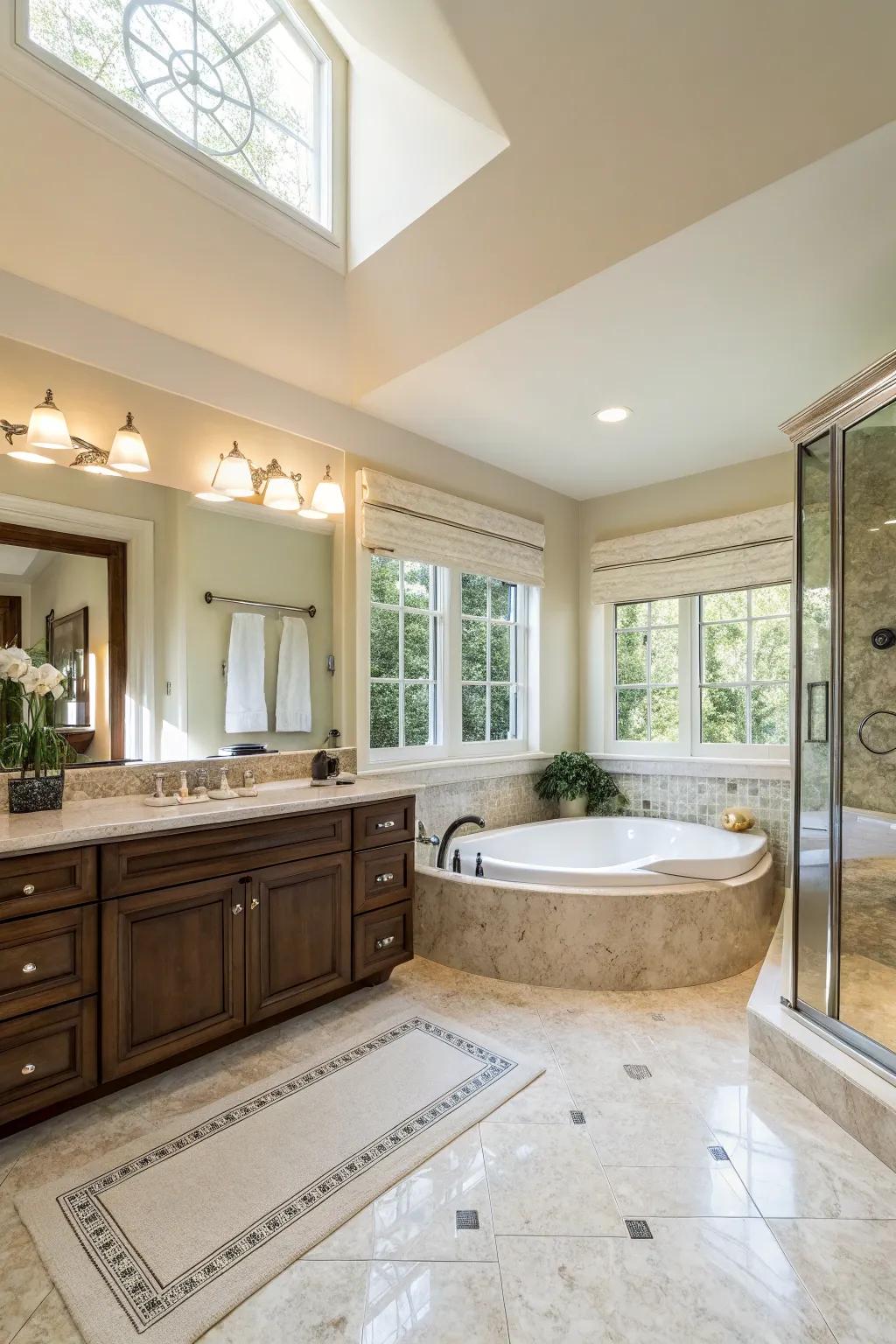 A primary bathroom showcases a spacious design, emphasizing the central hydromassage tub.