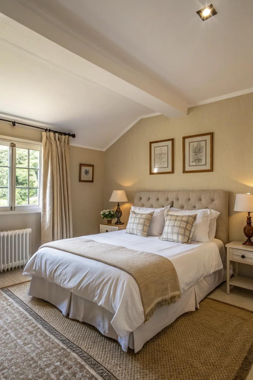 A calming bedroom with beige walls and white bedding.