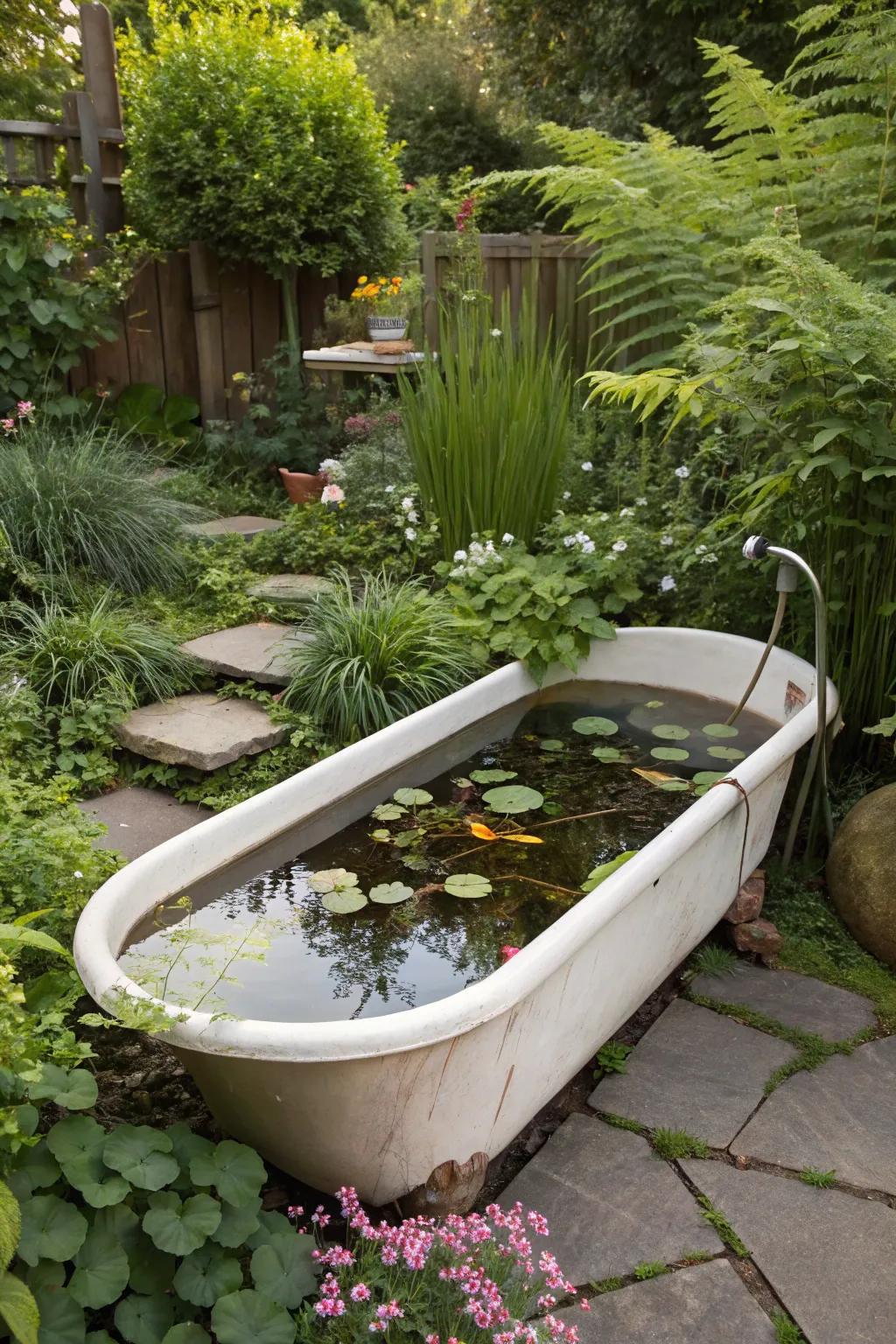 A vintage bathtub transformed into a charming mini pond.