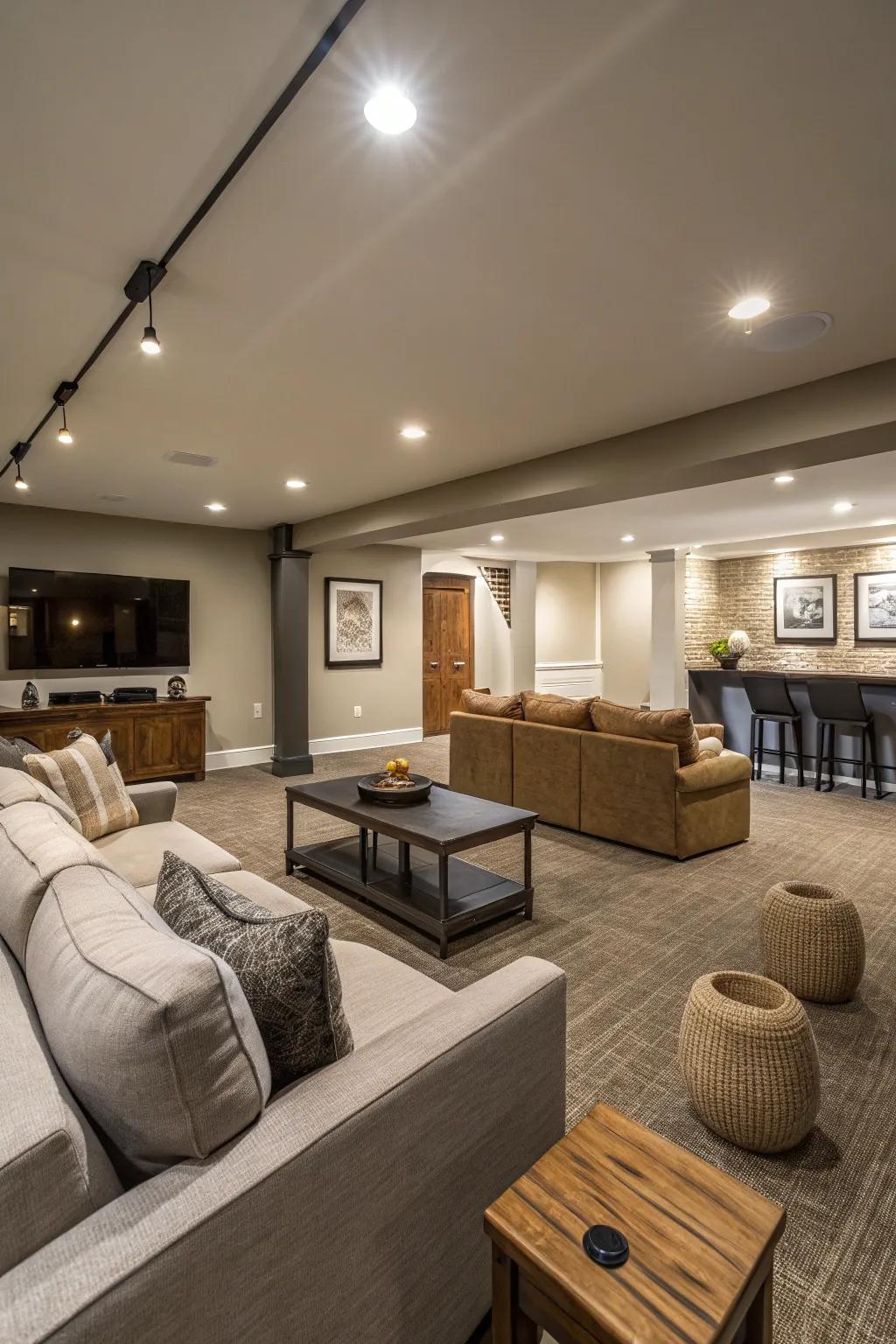 Canister lights seamlessly integrate into the ceiling, ensuring the basement remains bright and spacious.
