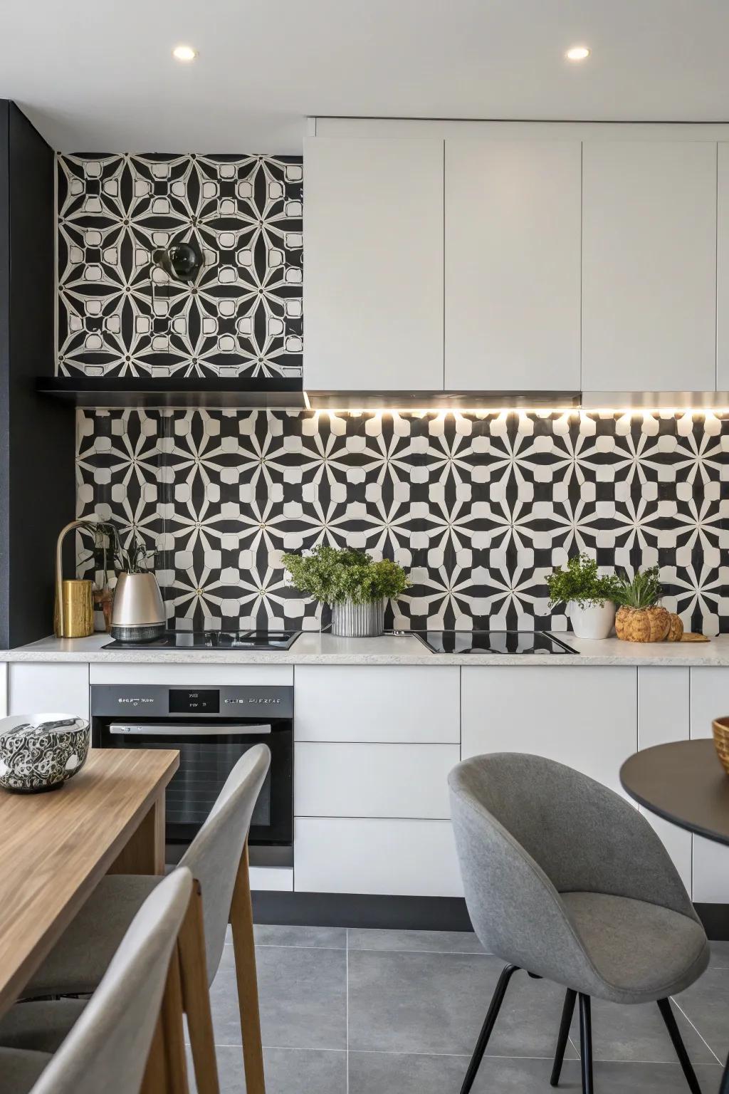 A geometric monochrome backsplash adds a contemporary vibe.