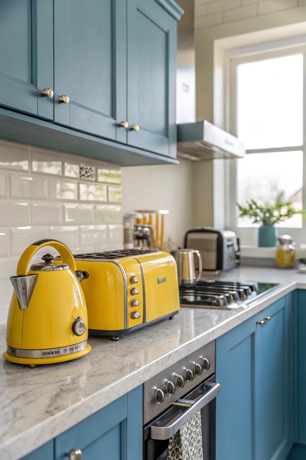 Radiant yellow gadgets lend a cheerful touch to a contemporary kitchen.