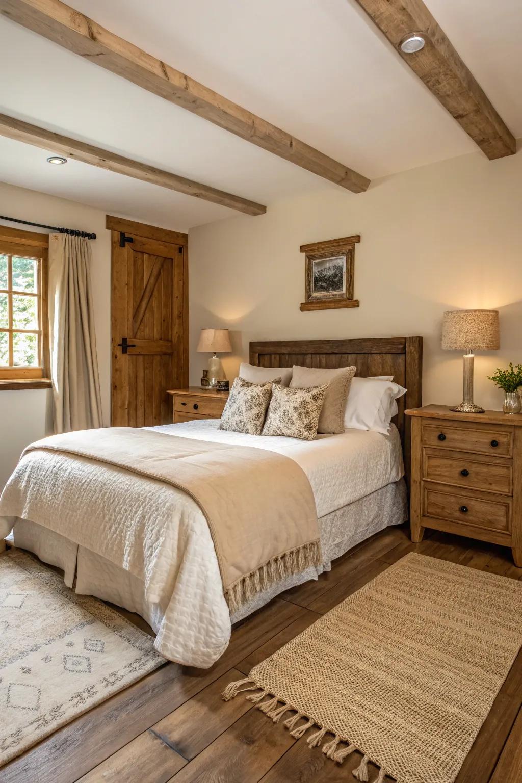 A serene guest bedroom featuring a neutral color palette and rustic elements.