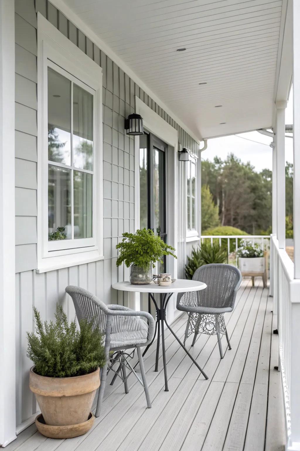 A modern porch design showcasing a neutral color palette with understated elegance.