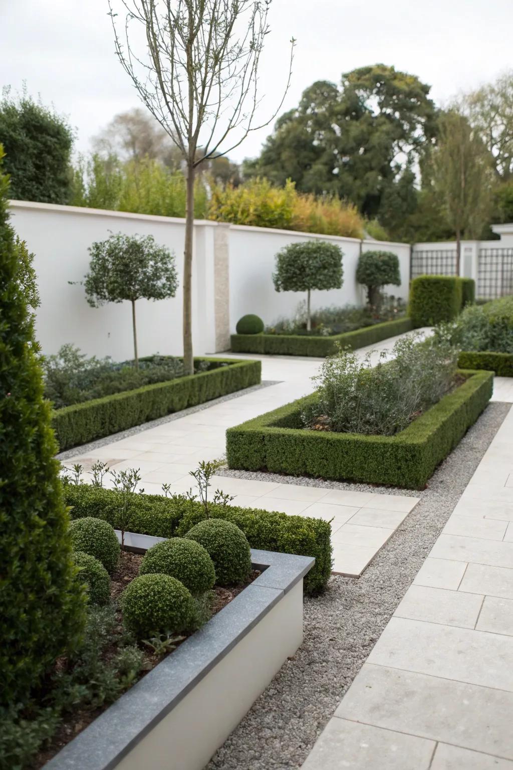 A minimalist garden design with structured lines and simplicity.