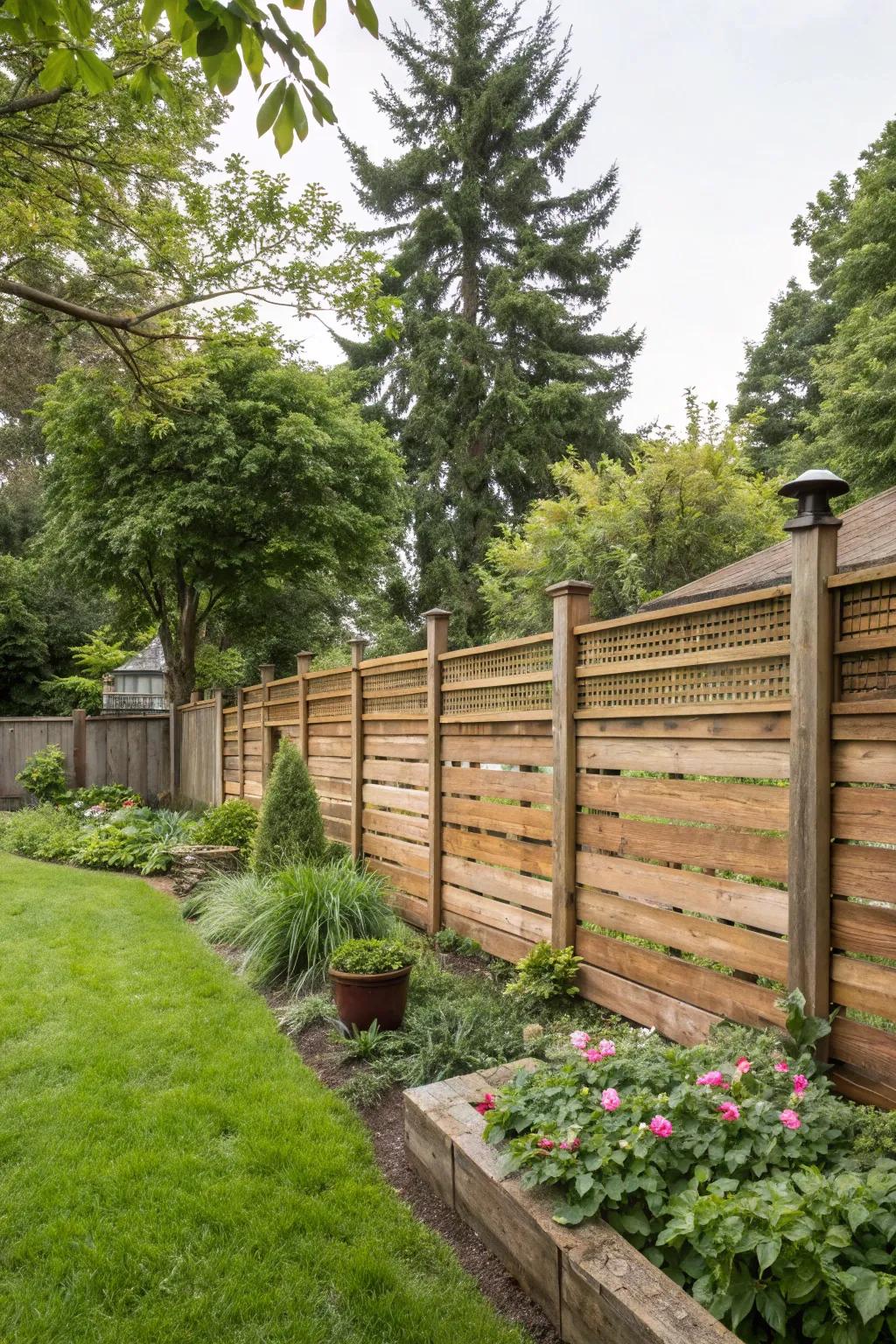 Embrace the warm elegance of a classic wooden horizontal fence.