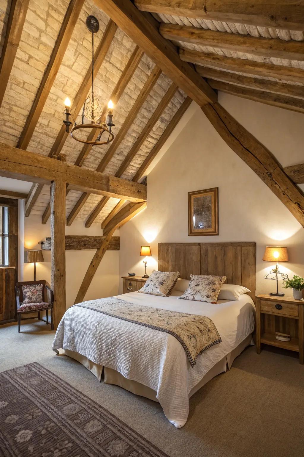 Exposed wooden beams introduce a country-style charm and authenticity to a modern Spanish bedroom.