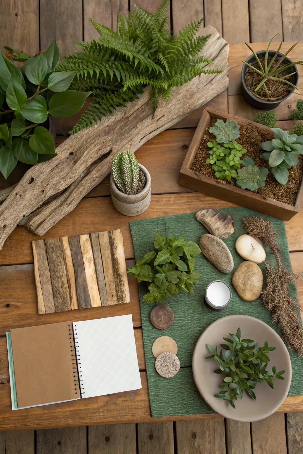 A nature-inspired mood board with calming earthy elements.