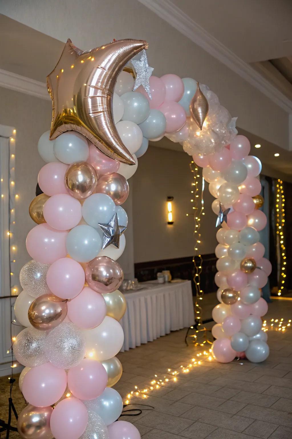 An impressive balloon gateway featuring celestial motifs, establishing a heavenly ambiance.