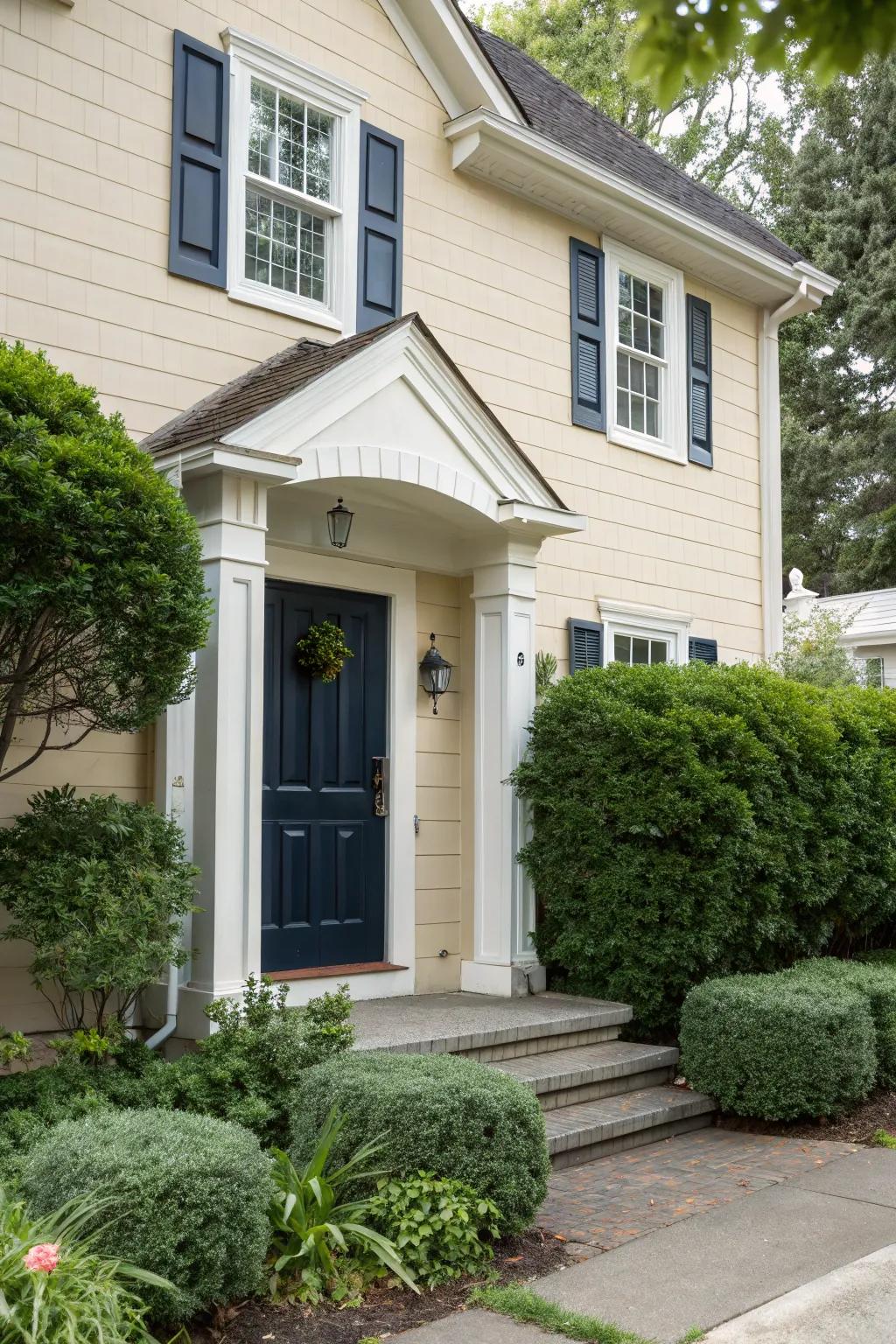 Navy blue front door on a beige house creates a classic and sophisticated look.