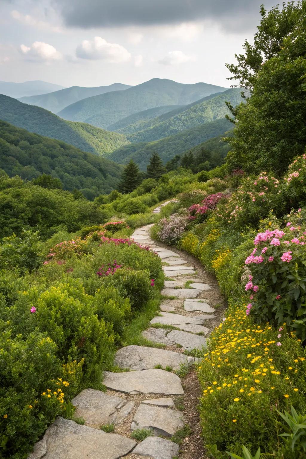 A sinuous stone pathway meandering gracefully through a vibrant mountain garden.