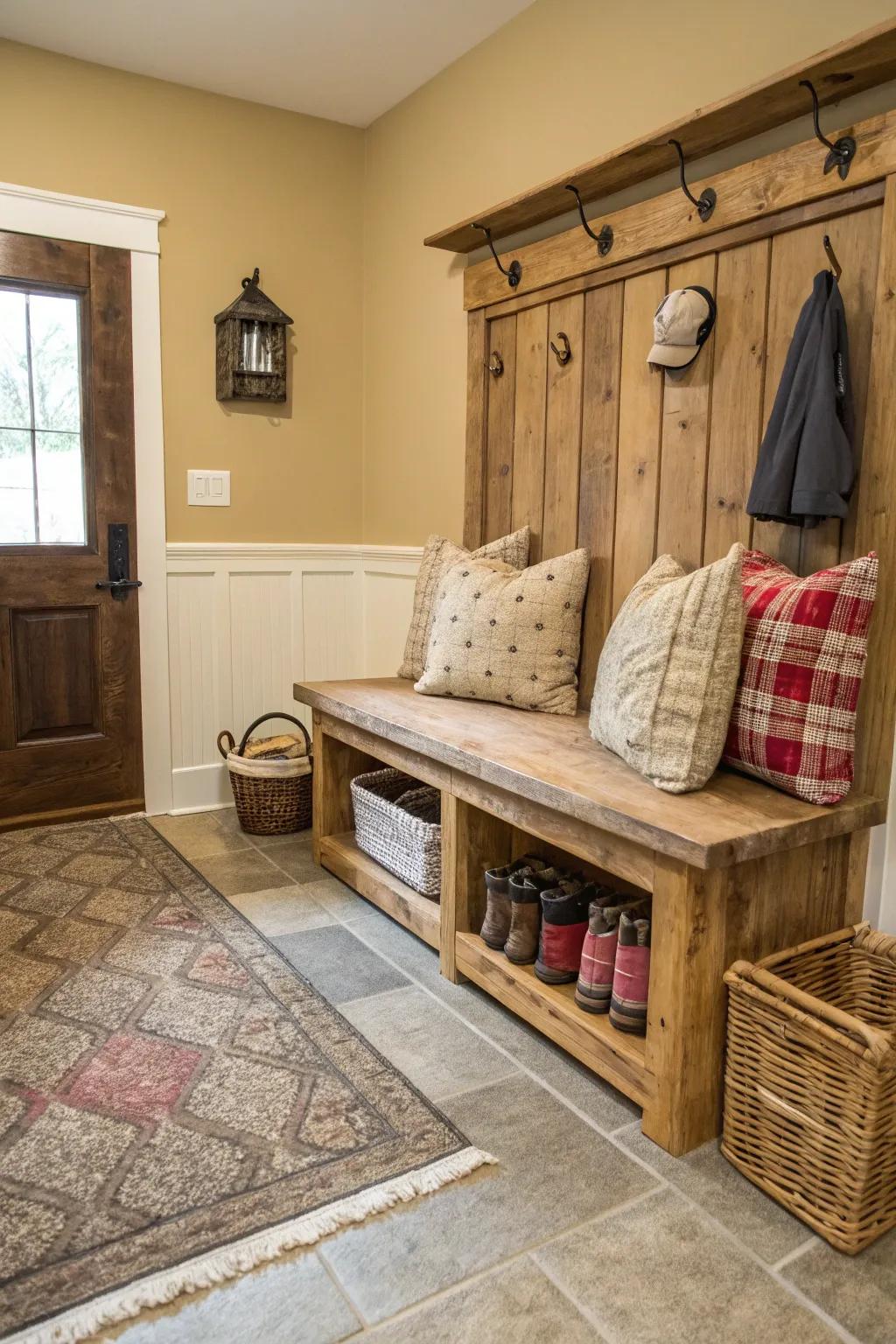 A charming mudroom showcases a reclaimed wood bench complemented by plush cushions for a comfortable seating area.