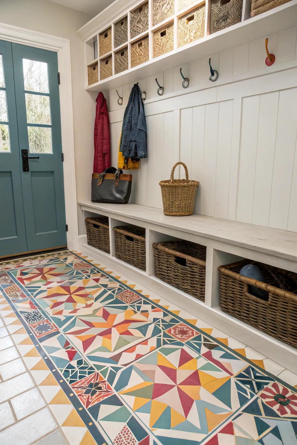 Geometric tiles lending a vibrant touch to a mudroom