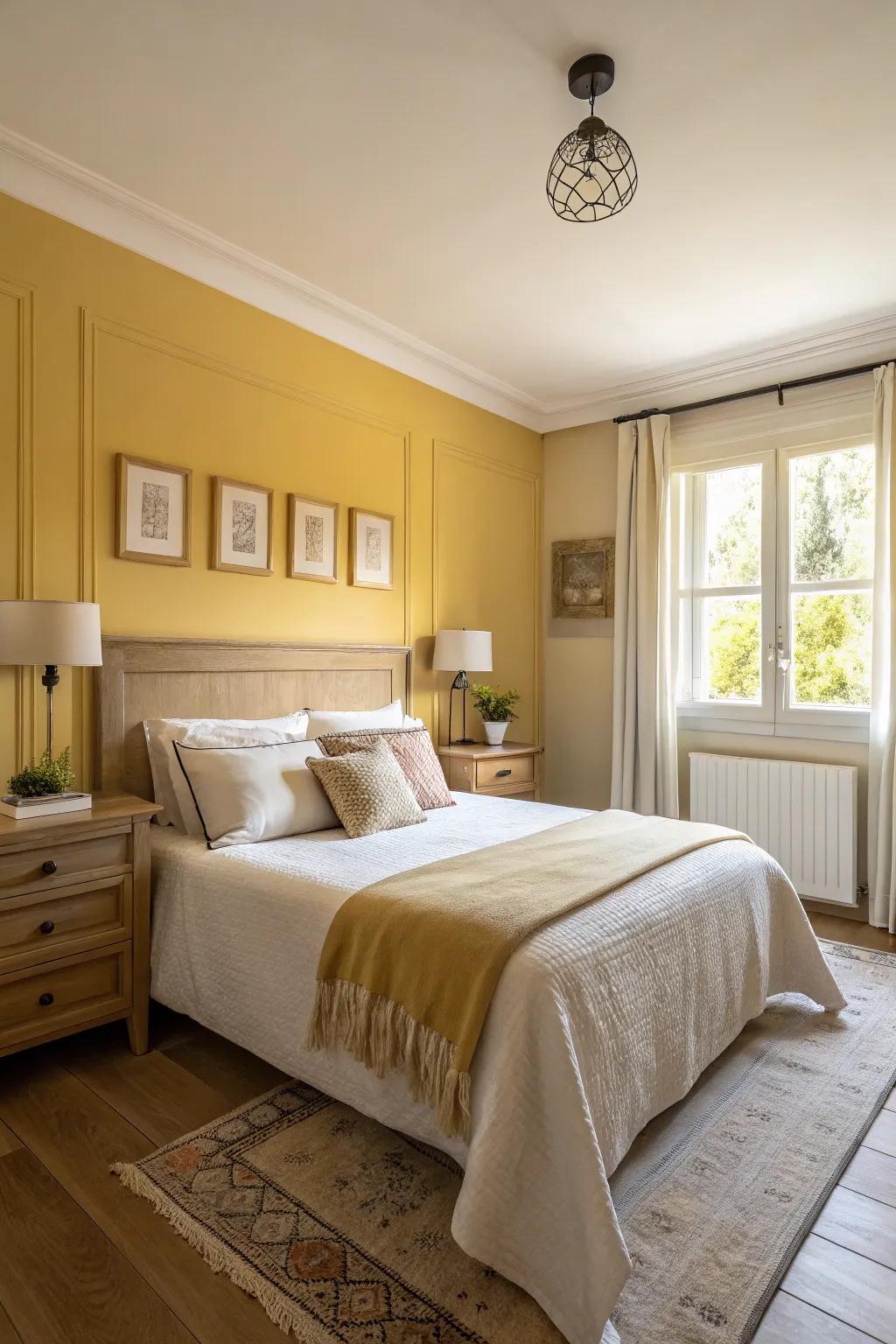 A bedroom with a mustard yellow accent wall paired with neutral decor and soft lighting.