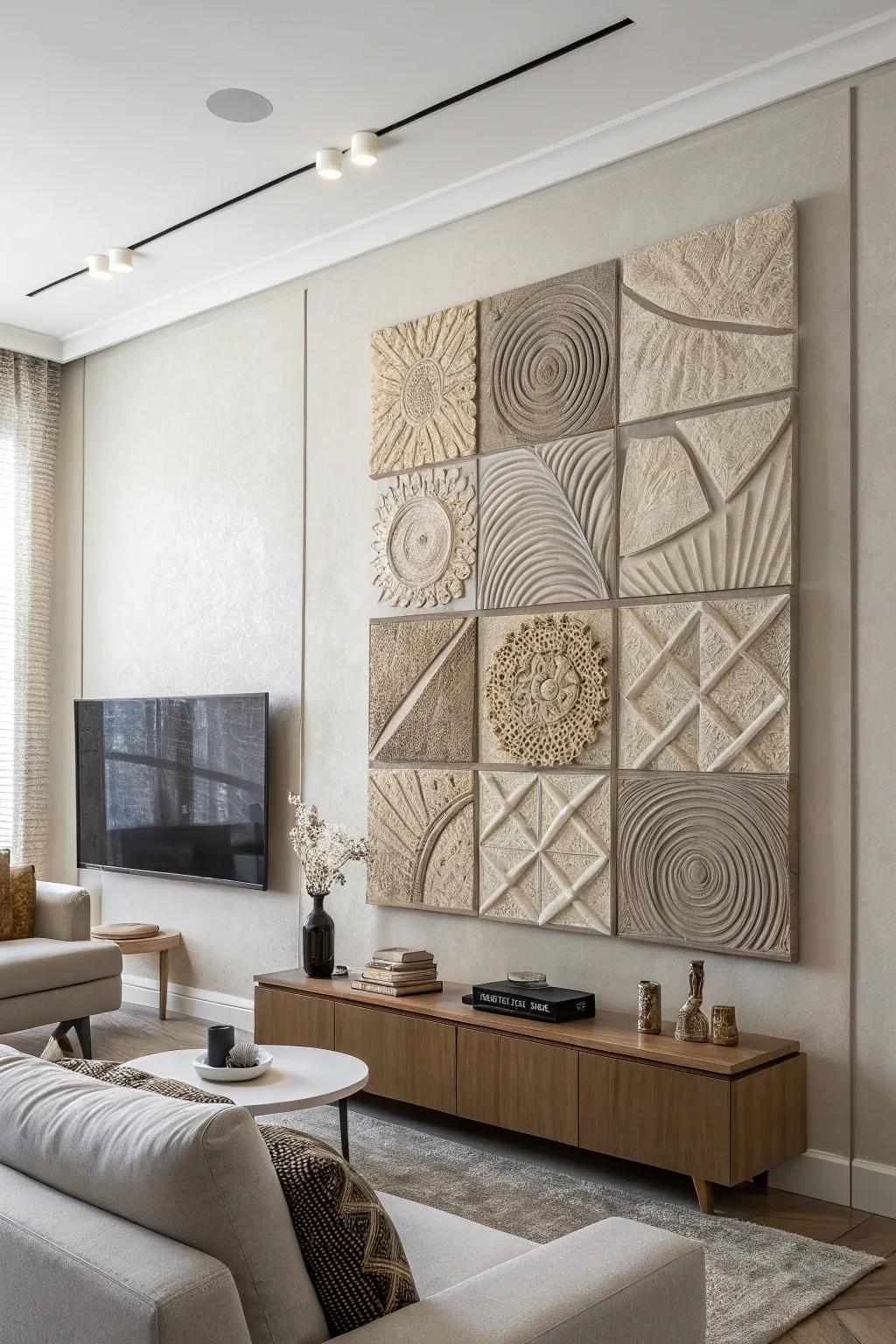 Textured art adds depth to neutral walls.