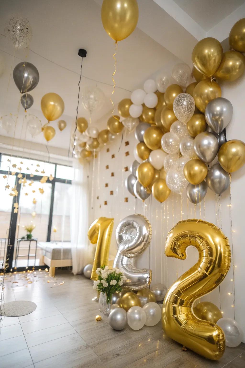 Gold and silver balloons set the stage for a glamorous New Year celebration.