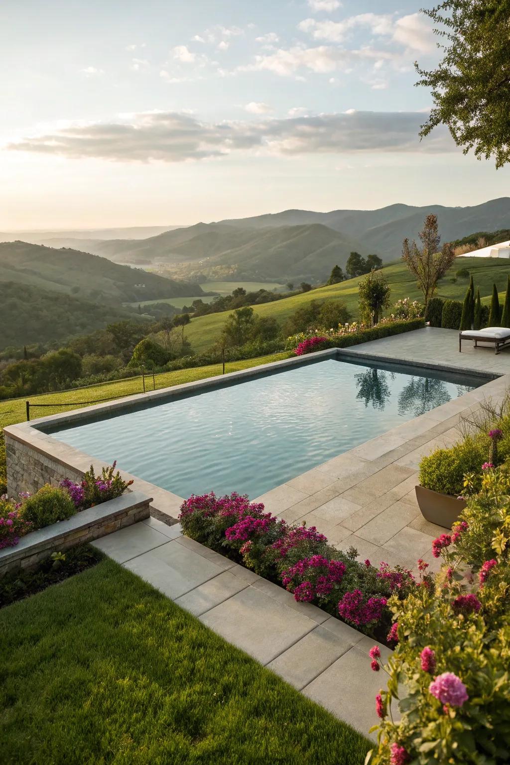 An infinity pool with a stunning view, creating the illusion of endless water extending into the landscape.