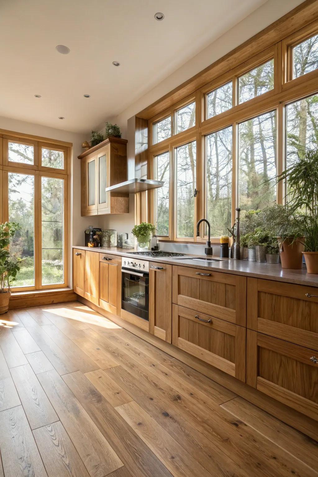 Sun-drenched oak floors in a spacious kitchen.