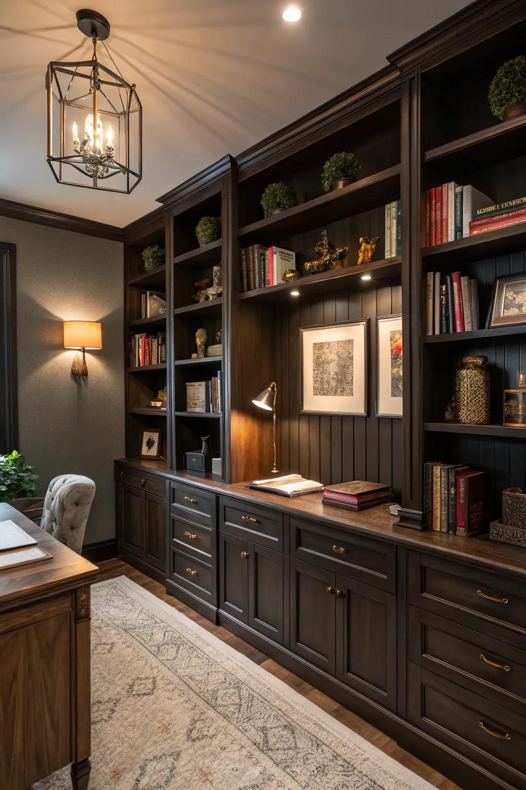 Dark shelves add a sophisticated touch to any office.