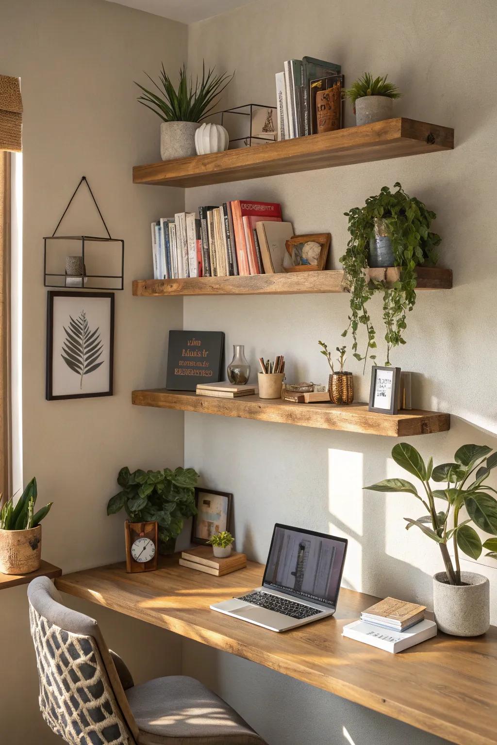 Floating wooden shelves add warmth and style to your office corner.