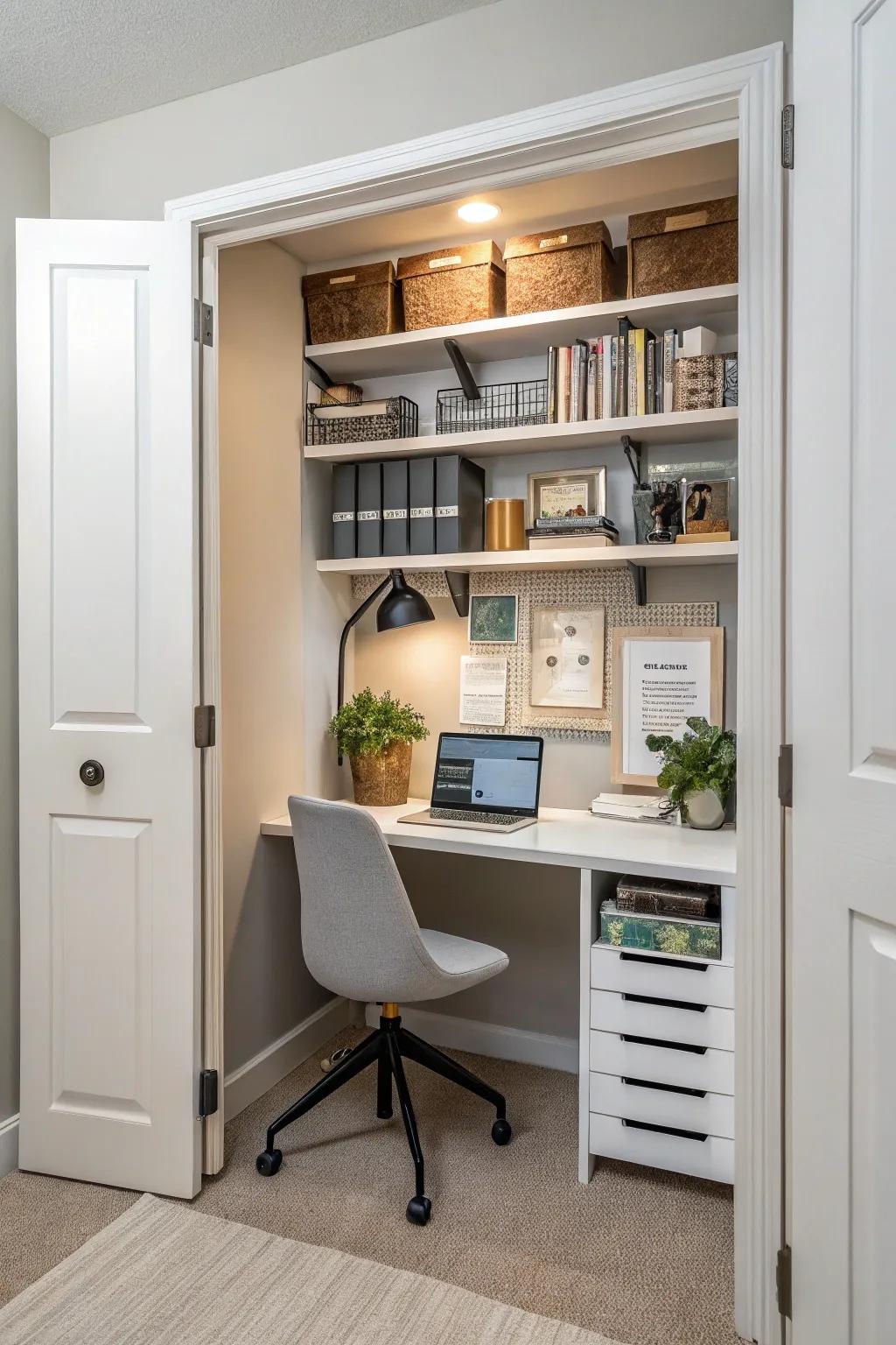 Repurpose an unused closet into a practical office space that disappears when closed.