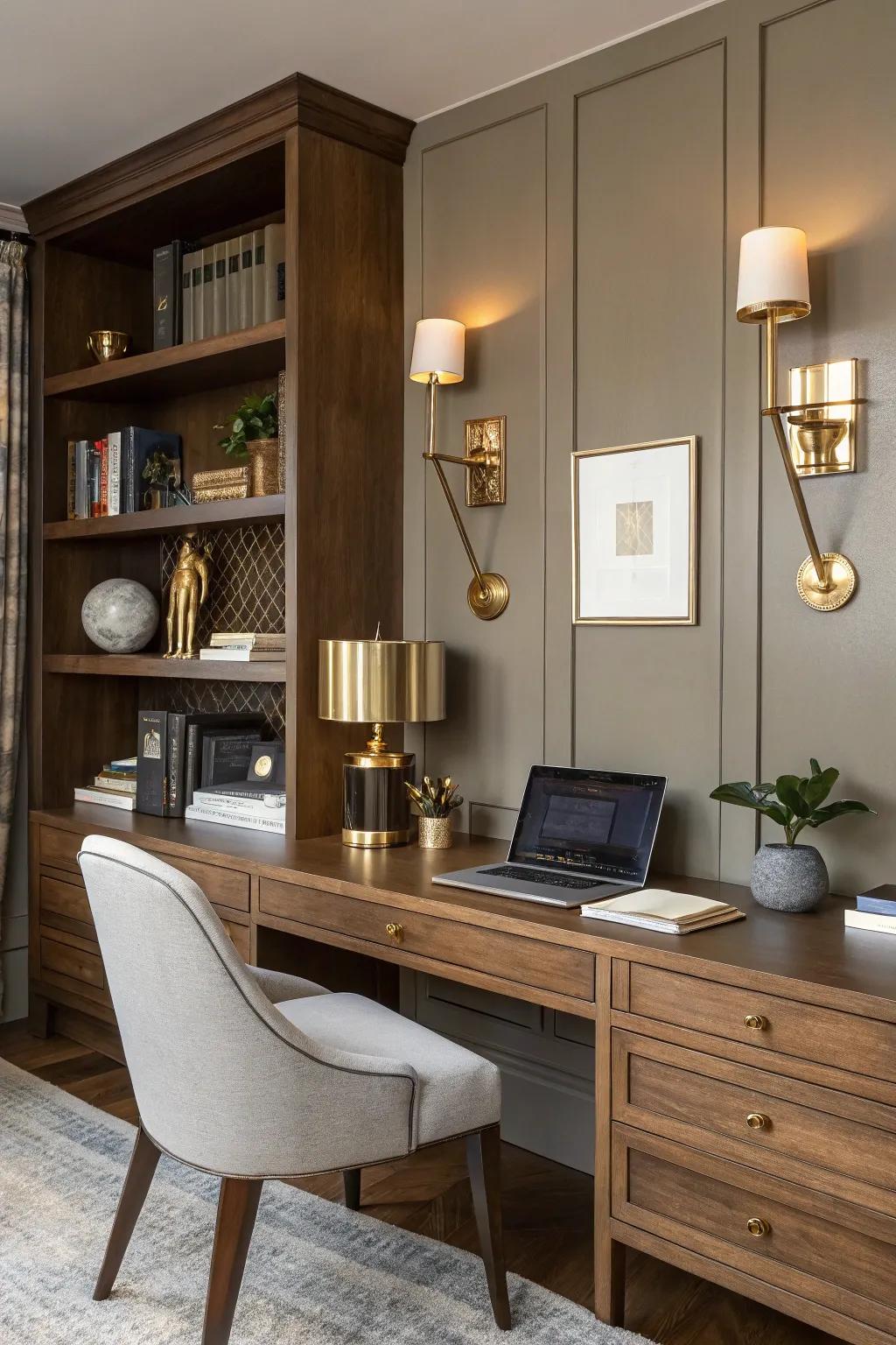 Gold wall lights adding a refined touch to the workspace.