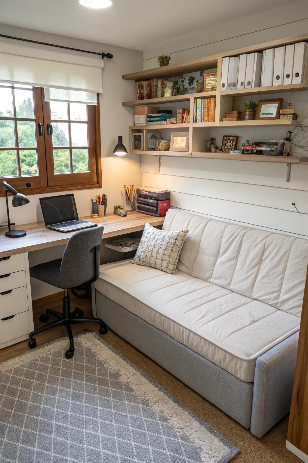 A multifunctional home office with a convertible sofa bed.