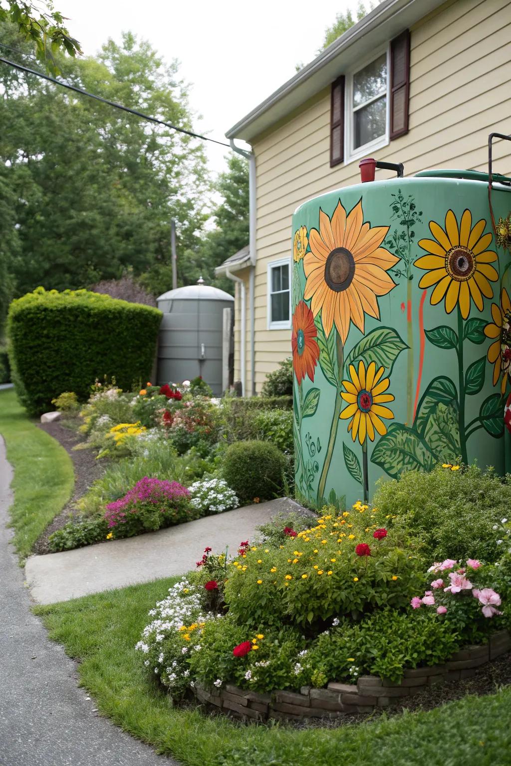 A creatively painted oil tank featuring a sunflower mural, adding charm to the garden.