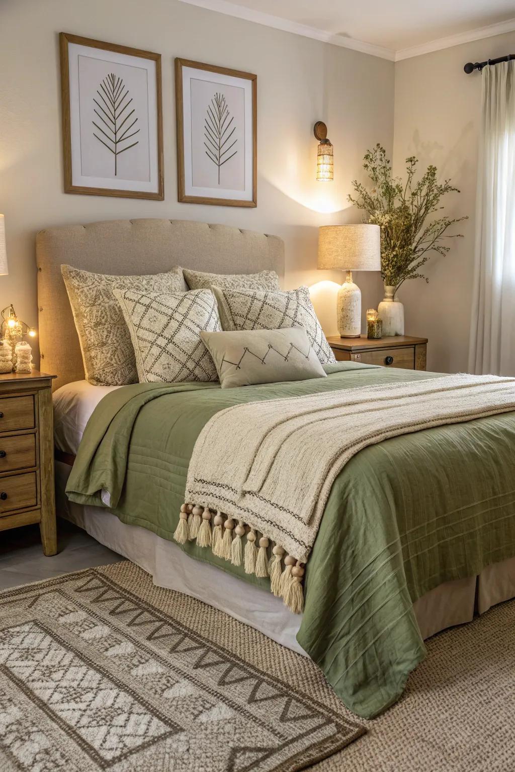 Olive green bedding paired with neutral tones for a calming effect.