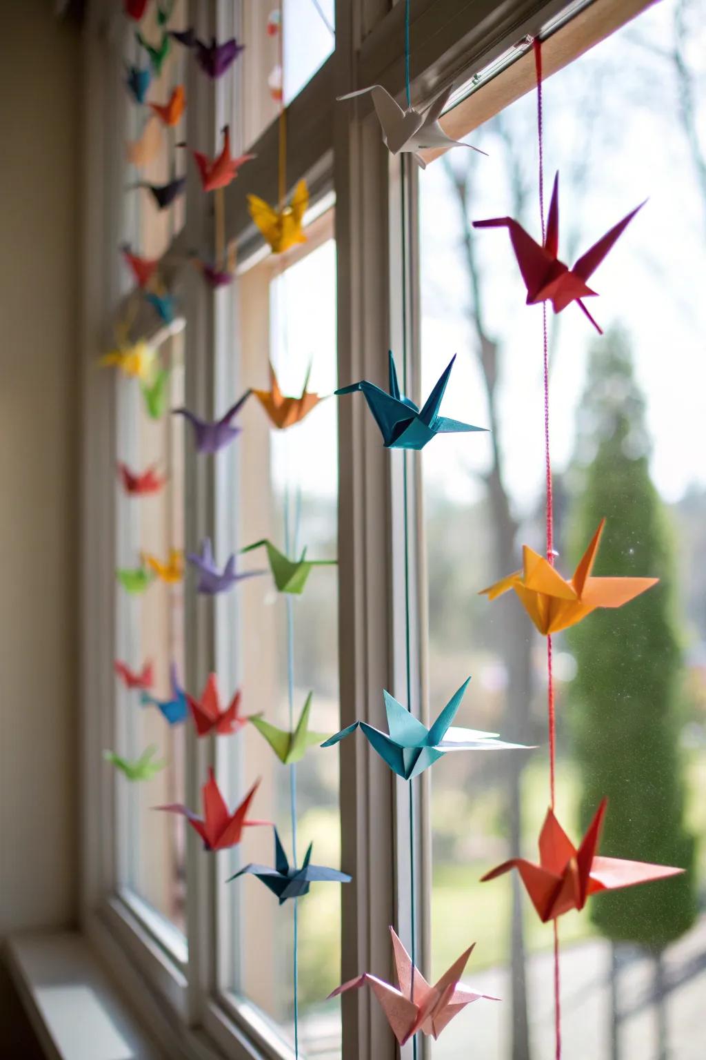 Paper avian figures waltzing in the sun's glow.