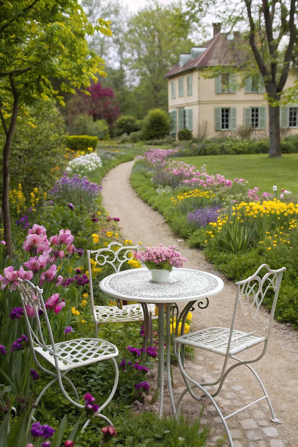 Timeless elegance with a wrought iron bistro set in a blooming garden.