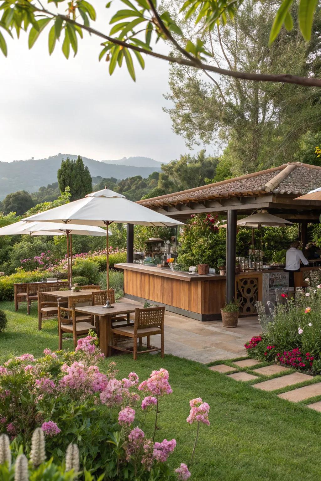 A secluded garden coffee bar enveloped by vibrant greenery.