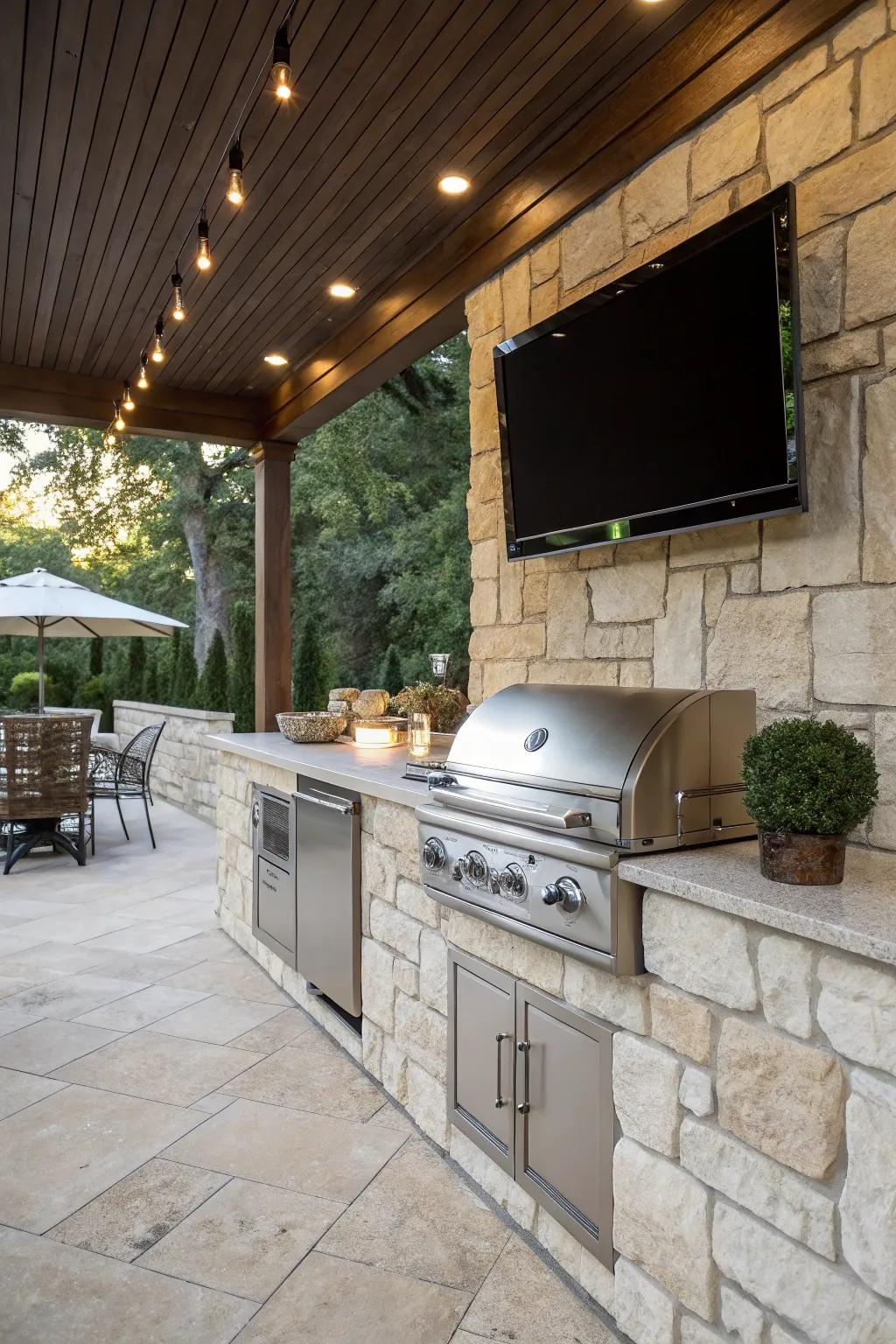 A classic stone finish adds timeless elegance to your outdoor kitchen with TV setup.