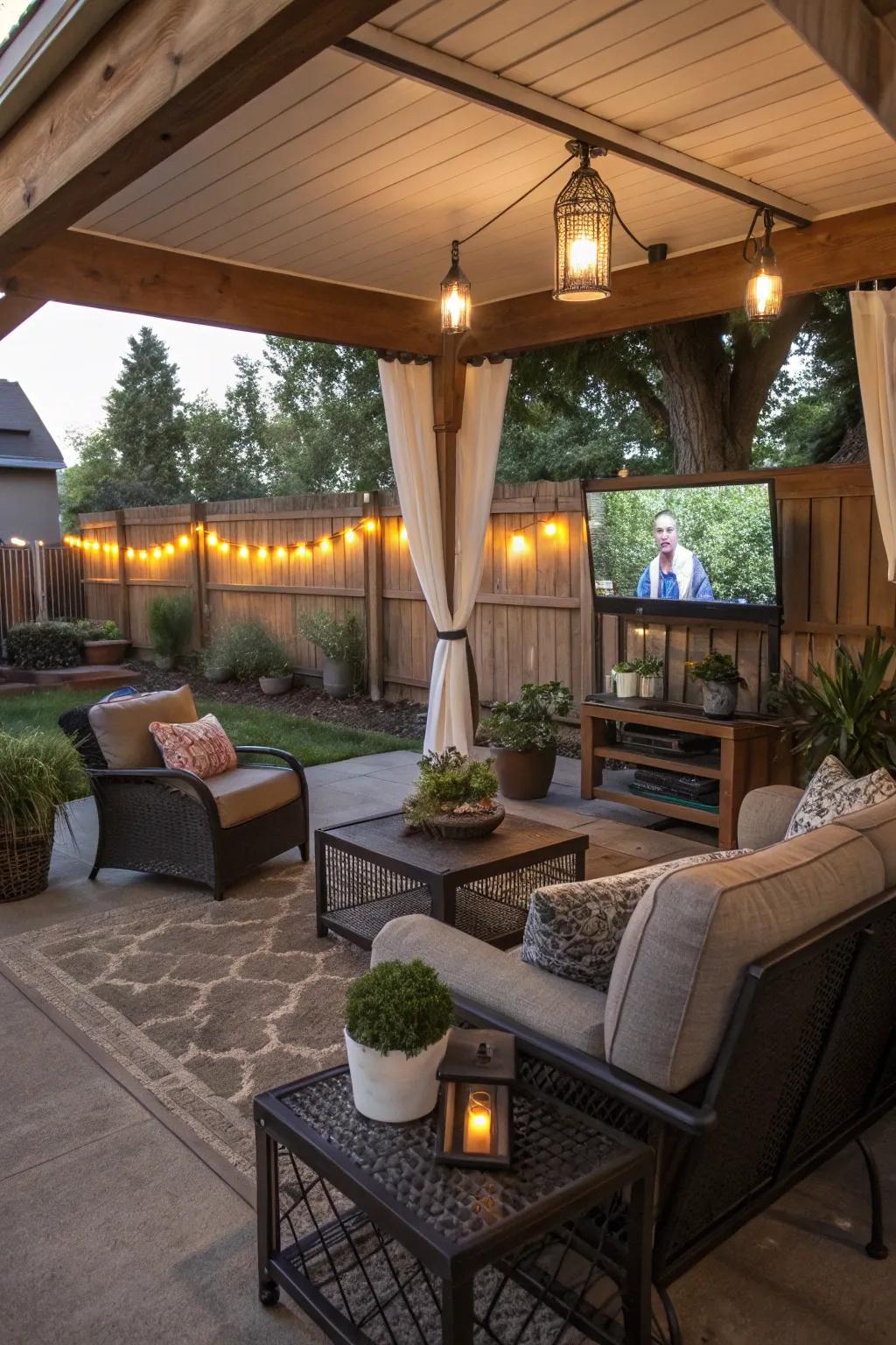 A covered patio transforms into a perfect outdoor TV spot, offering both comfort and protection.