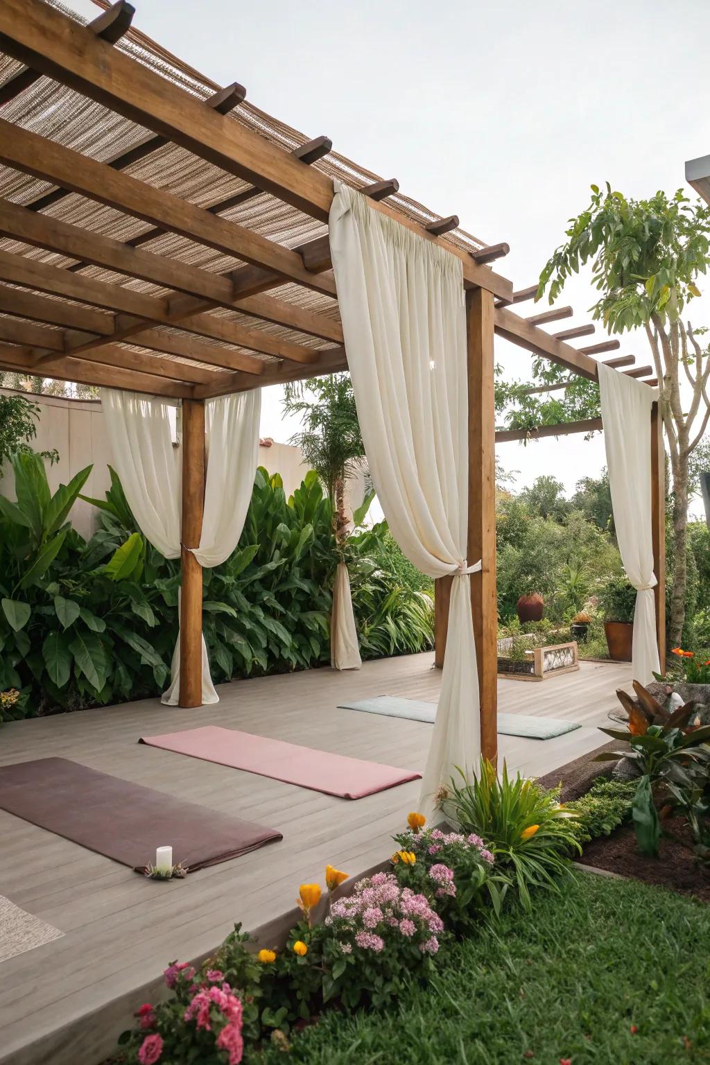 A pergola brings shade and refinement, the ideal complement to your open-air yoga setting.